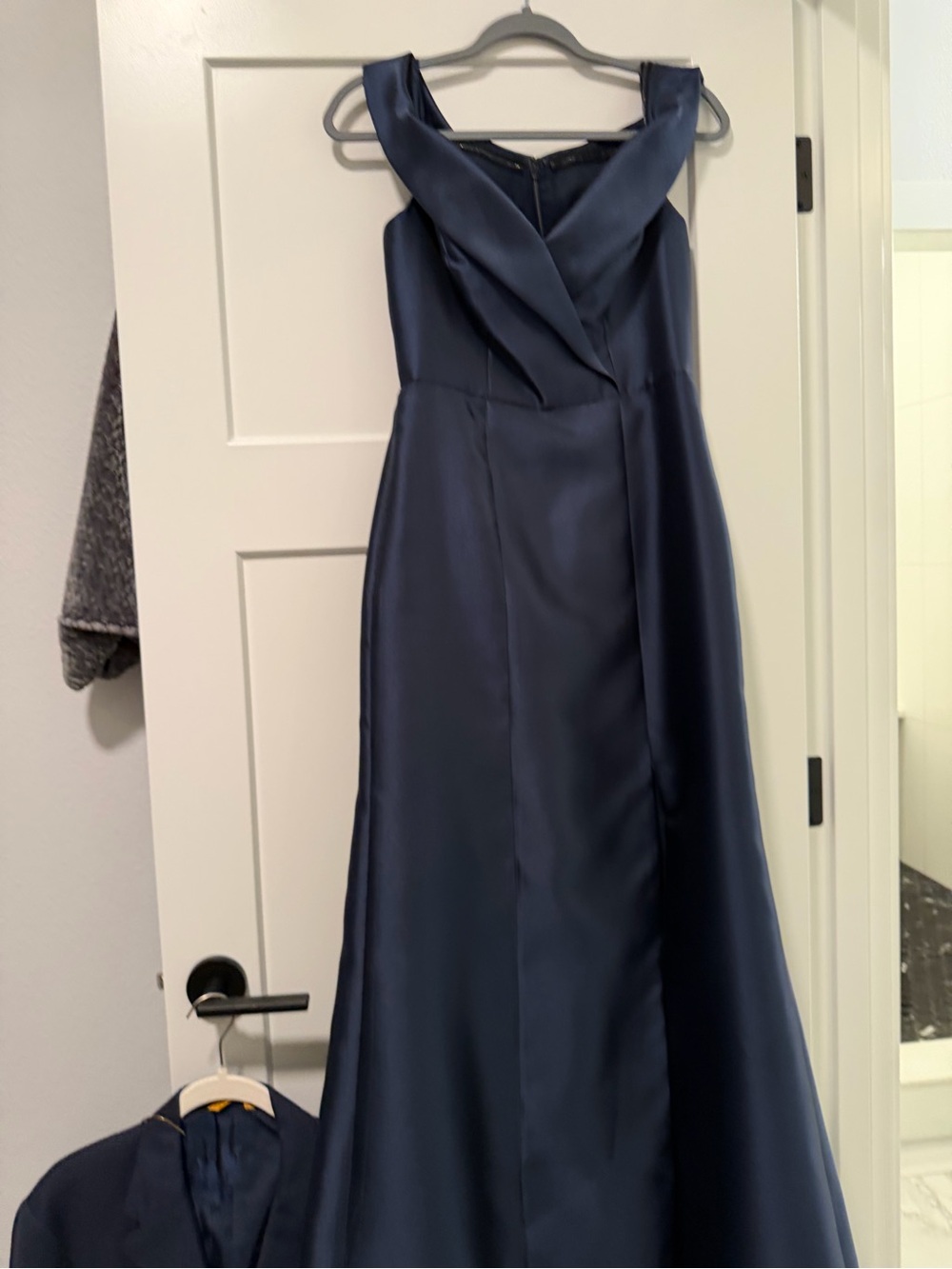 ALFRED SUNG Navy Satin Cross-Front Maxi Gown